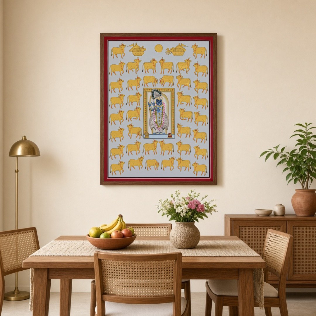 Immerse yourself in the devotional charm and intricate beauty of this Pichwai artwork depicting for Dining