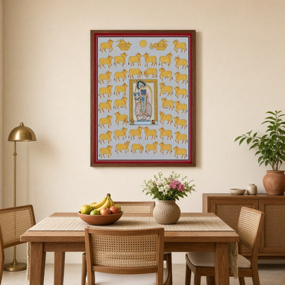Immerse yourself in the devotional charm and intricate beauty of this Pichwai artwork depicting for Dining