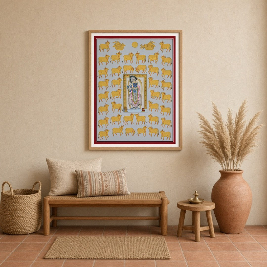 Immerse yourself in the devotional charm and intricate beauty of this Pichwai artwork depicting for Entrance