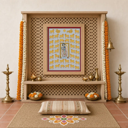 Immerse yourself in the devotional charm and intricate beauty of this Pichwai artwork depicting for Home Temple