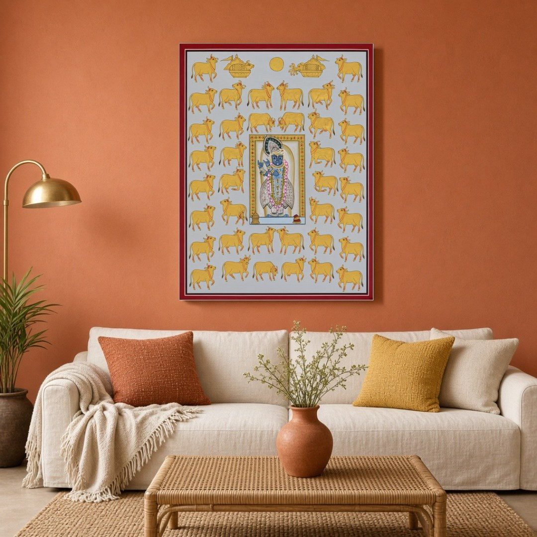 Immerse yourself in the devotional charm and intricate beauty of this Pichwai artwork depicting for Living Room