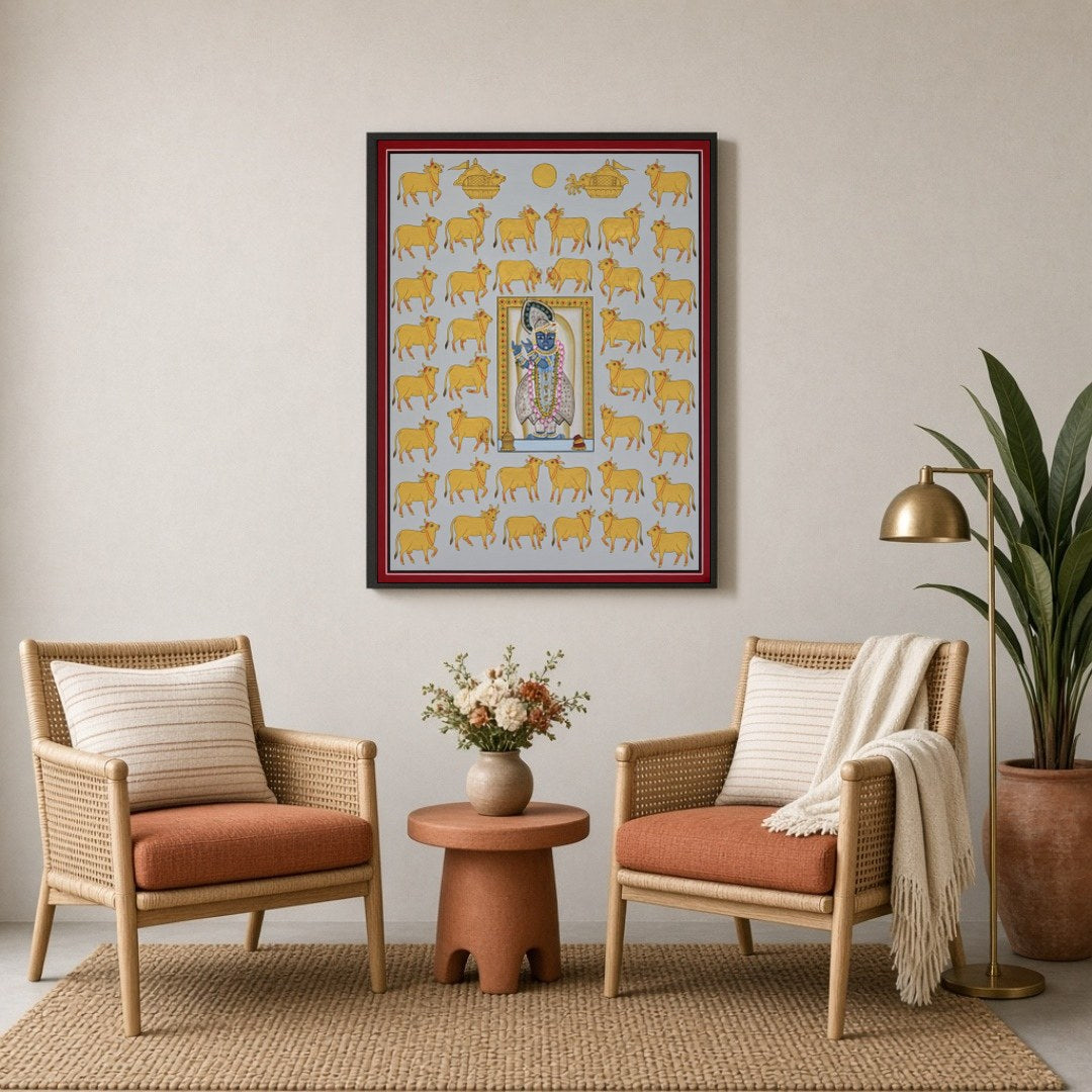 Immerse yourself in the devotional charm and intricate beauty of this Pichwai artwork depicting for Sitting Lounge