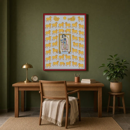 Immerse yourself in the devotional charm and intricate beauty of this Pichwai artwork depicting for Study