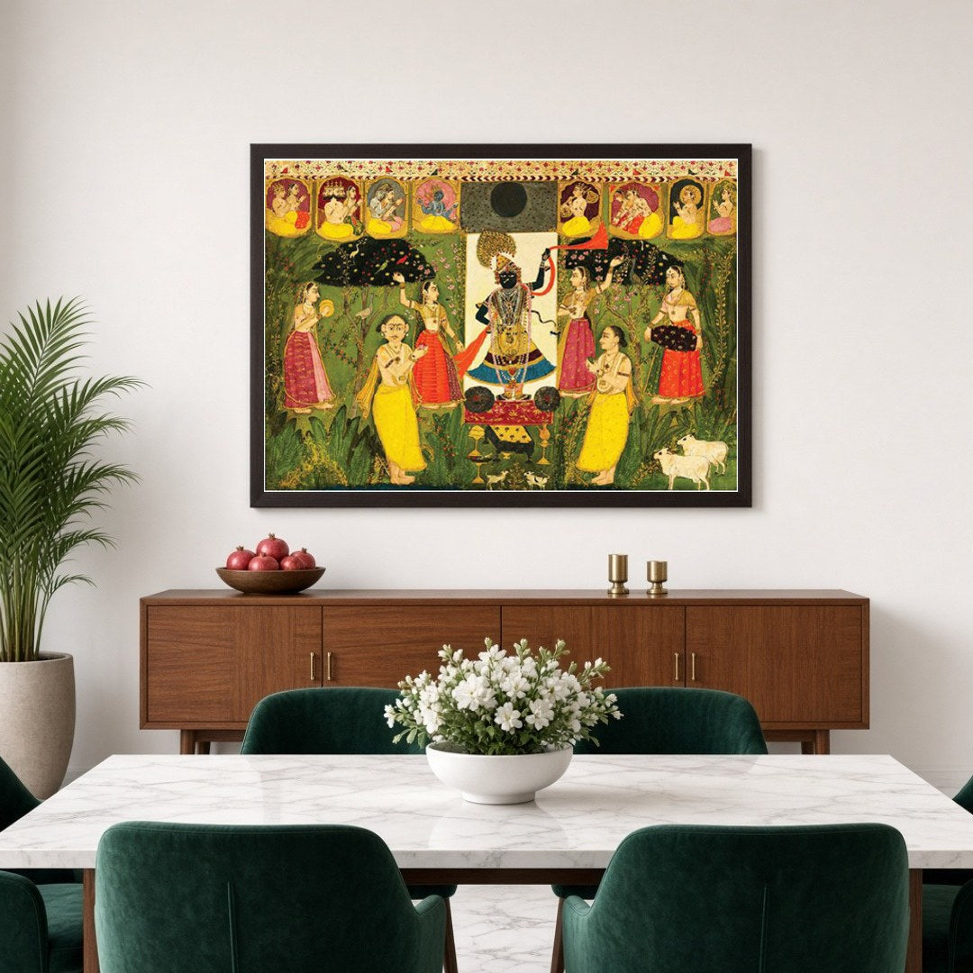 Immerse yourself in the divine elegance of Shrinathji, beautifully captured in the rich tradition for Dining