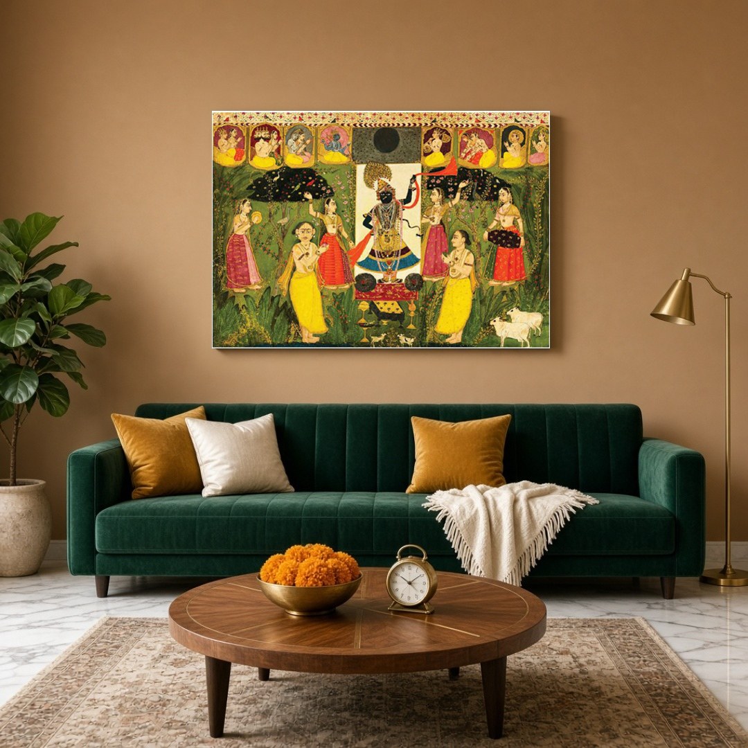 Immerse yourself in the divine elegance of Shrinathji, beautifully captured in the rich tradition for Living Room