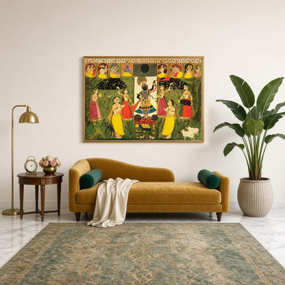 Immerse yourself in the divine elegance of Shrinathji, beautifully captured in the rich tradition for Sitting Lounge
