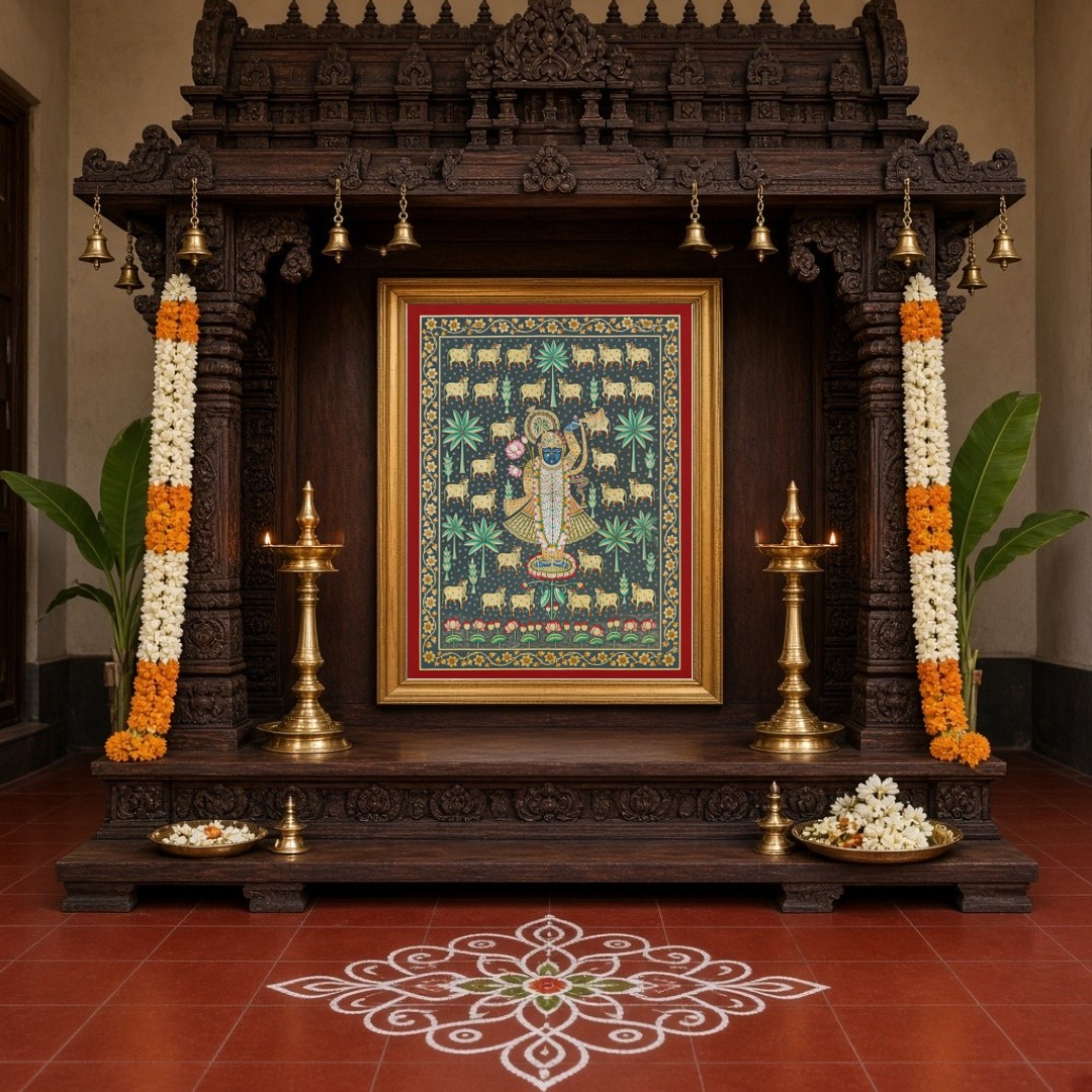 Experience the serene devotion of Shrinathji amidst a landscape of sacred cows and palm trees in for Home Temple