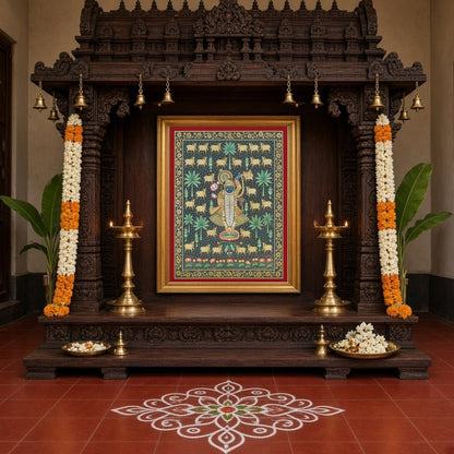Experience the serene devotion of Shrinathji amidst a landscape of sacred cows and palm trees in for Home Temple