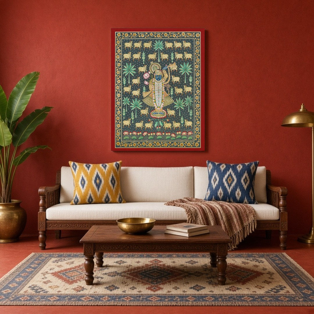 Experience the serene devotion of Shrinathji amidst a landscape of sacred cows and palm trees in for Living Room