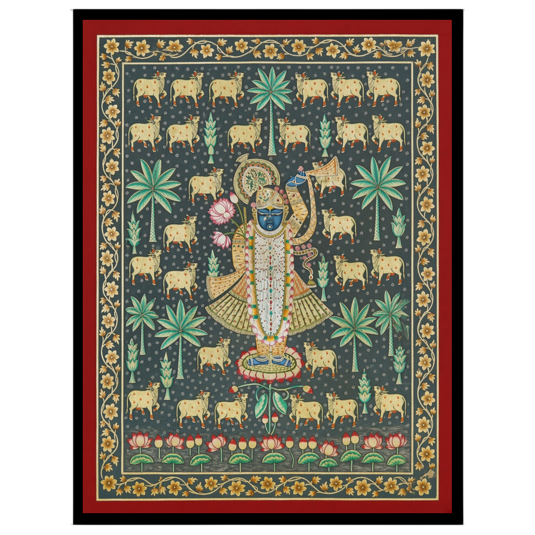 Experience the serene devotion of Shrinathji amidst a landscape of sacred cows and palm trees in for nook