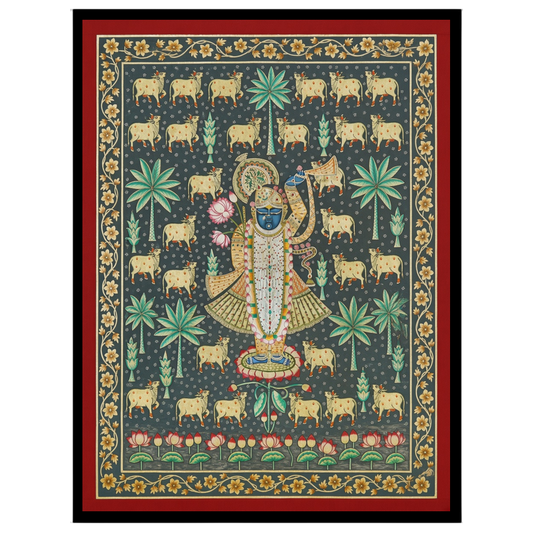 Experience the serene devotion of Shrinathji amidst a landscape of sacred cows and palm trees in for nook
