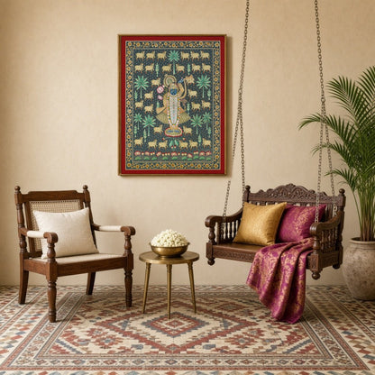 Experience the serene devotion of Shrinathji amidst a landscape of sacred cows and palm trees in for Sitting Lounge