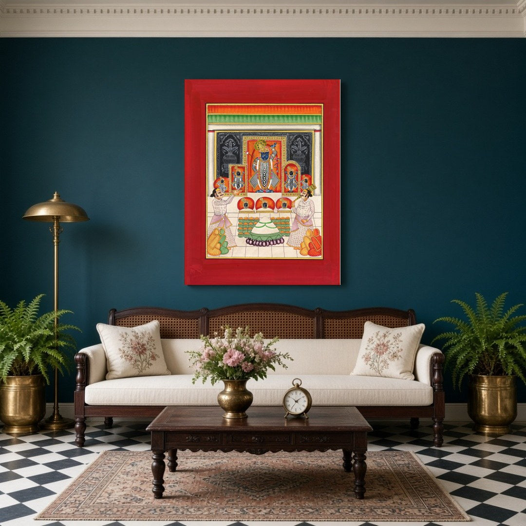 Immerse in the vibrant spirituality of Shrinathji's Annakut celebration, where devotion meets for Living Room