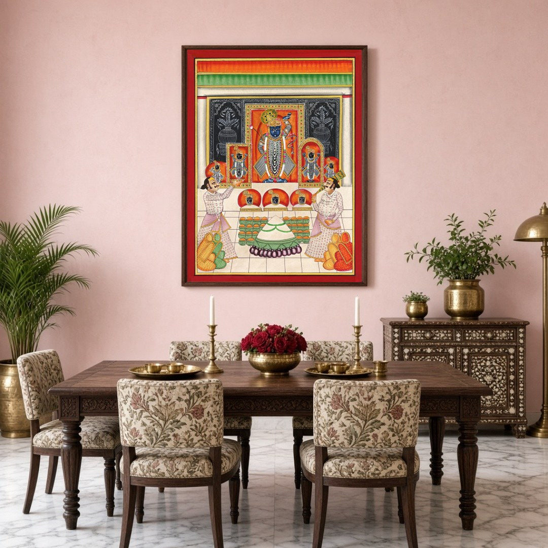 Immerse yourself in the vibrant world of Pichwai art with this exquisite depiction of Shrinathji's for Dining
