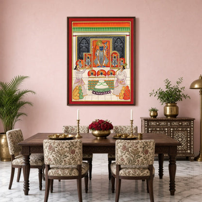 Immerse yourself in the vibrant world of Pichwai art with this exquisite depiction of Shrinathji's for Dining