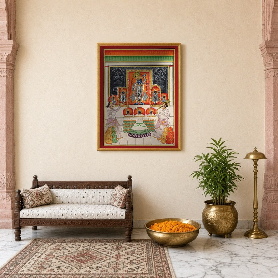 Immerse yourself in the vibrant world of Pichwai art with this exquisite depiction of Shrinathji's for Entrance