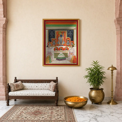 Immerse yourself in the vibrant world of Pichwai art with this exquisite depiction of Shrinathji's for Entrance