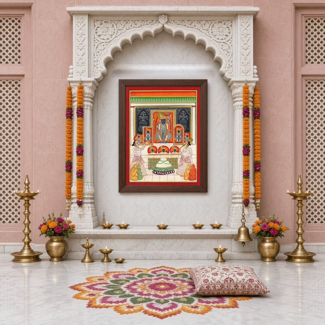 Immerse yourself in the vibrant world of Pichwai art with this exquisite depiction of Shrinathji's for Home Temple