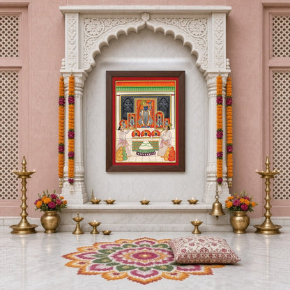 Immerse yourself in the vibrant world of Pichwai art with this exquisite depiction of Shrinathji's for Home Temple