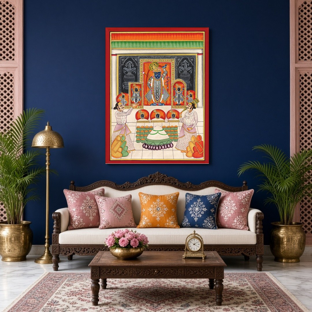 Immerse yourself in the vibrant world of Pichwai art with this exquisite depiction of Shrinathji's for Living Room