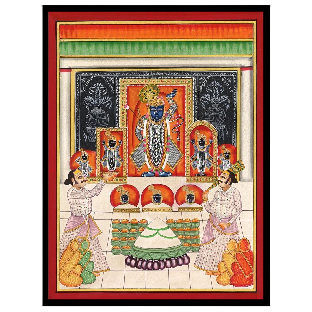 Immerse yourself in the vibrant world of Pichwai art with this exquisite depiction of Shrinathji's for studio