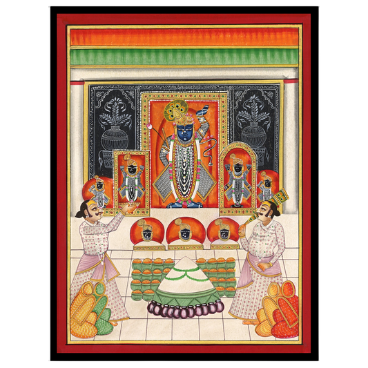 Immerse yourself in the vibrant world of Pichwai art with this exquisite depiction of Shrinathji's for studio