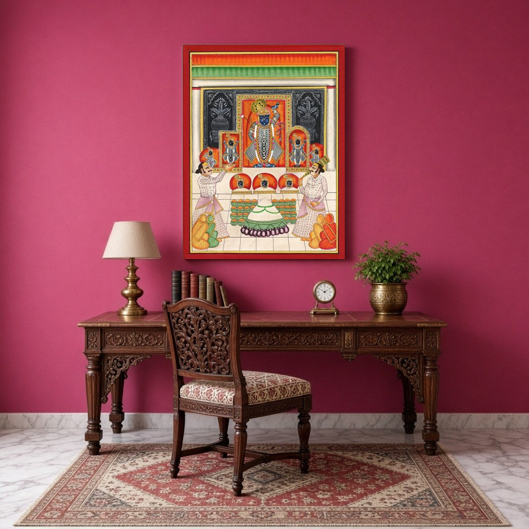 Immerse yourself in the vibrant world of Pichwai art with this exquisite depiction of Shrinathji's for Study