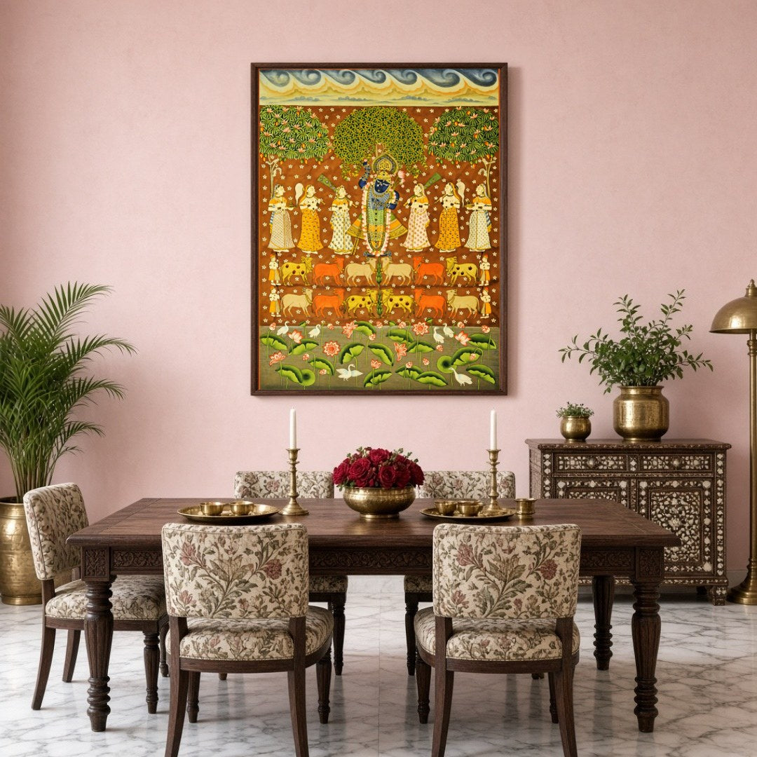 This vibrant Pichwai art piece beautifully captures Shrinathji amidst a celestial scene, surrounded for Dining