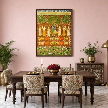 This vibrant Pichwai art piece beautifully captures Shrinathji amidst a celestial scene, surrounded for Dining