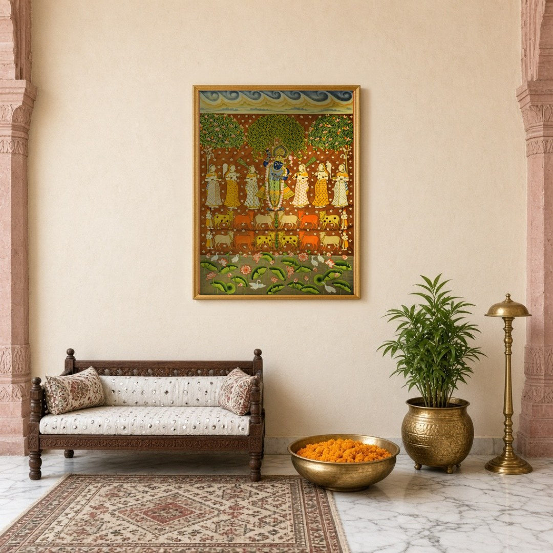 This vibrant Pichwai art piece beautifully captures Shrinathji amidst a celestial scene, surrounded for Entrance