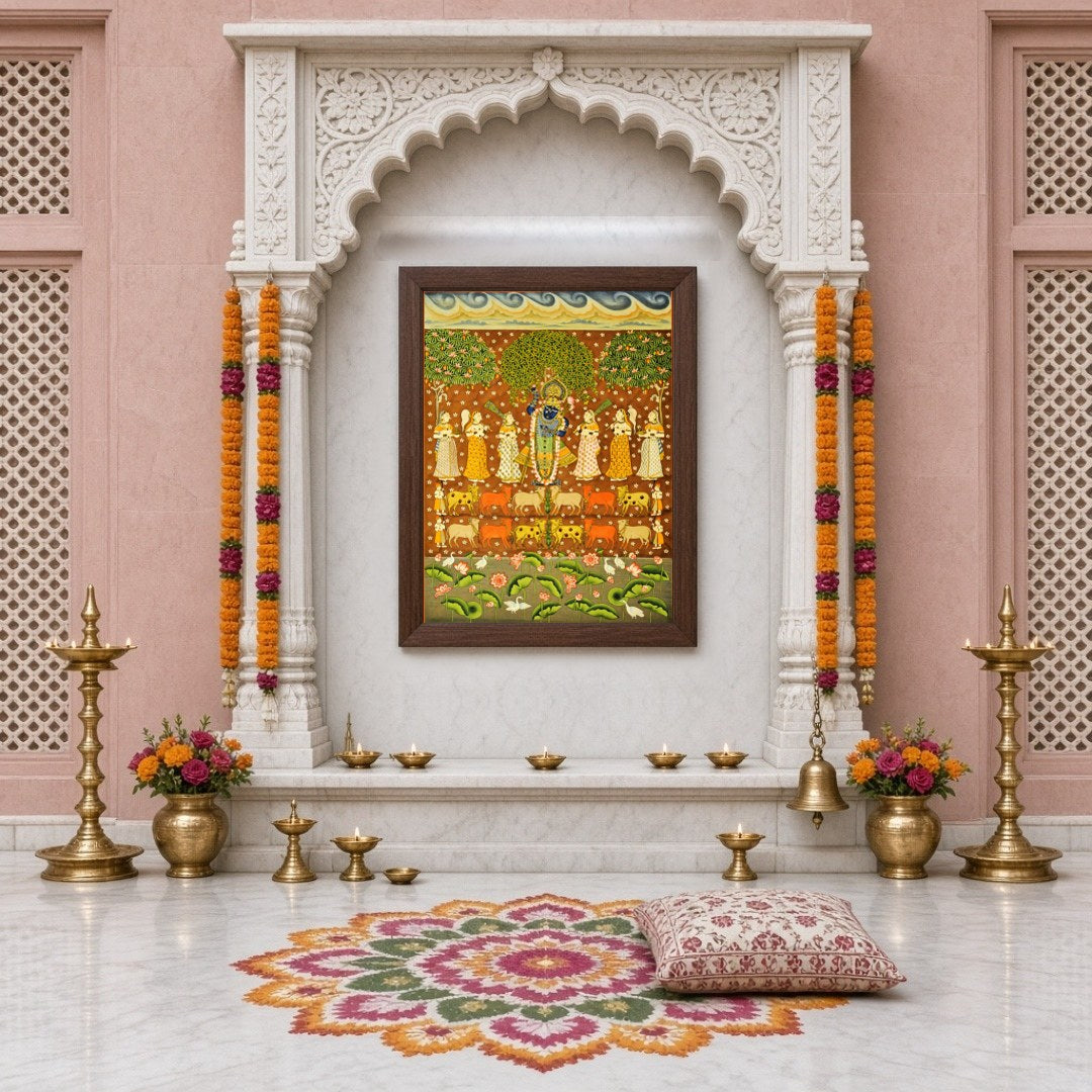 This vibrant Pichwai art piece beautifully captures Shrinathji amidst a celestial scene, surrounded for Home Temple