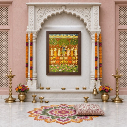 This vibrant Pichwai art piece beautifully captures Shrinathji amidst a celestial scene, surrounded for Home Temple