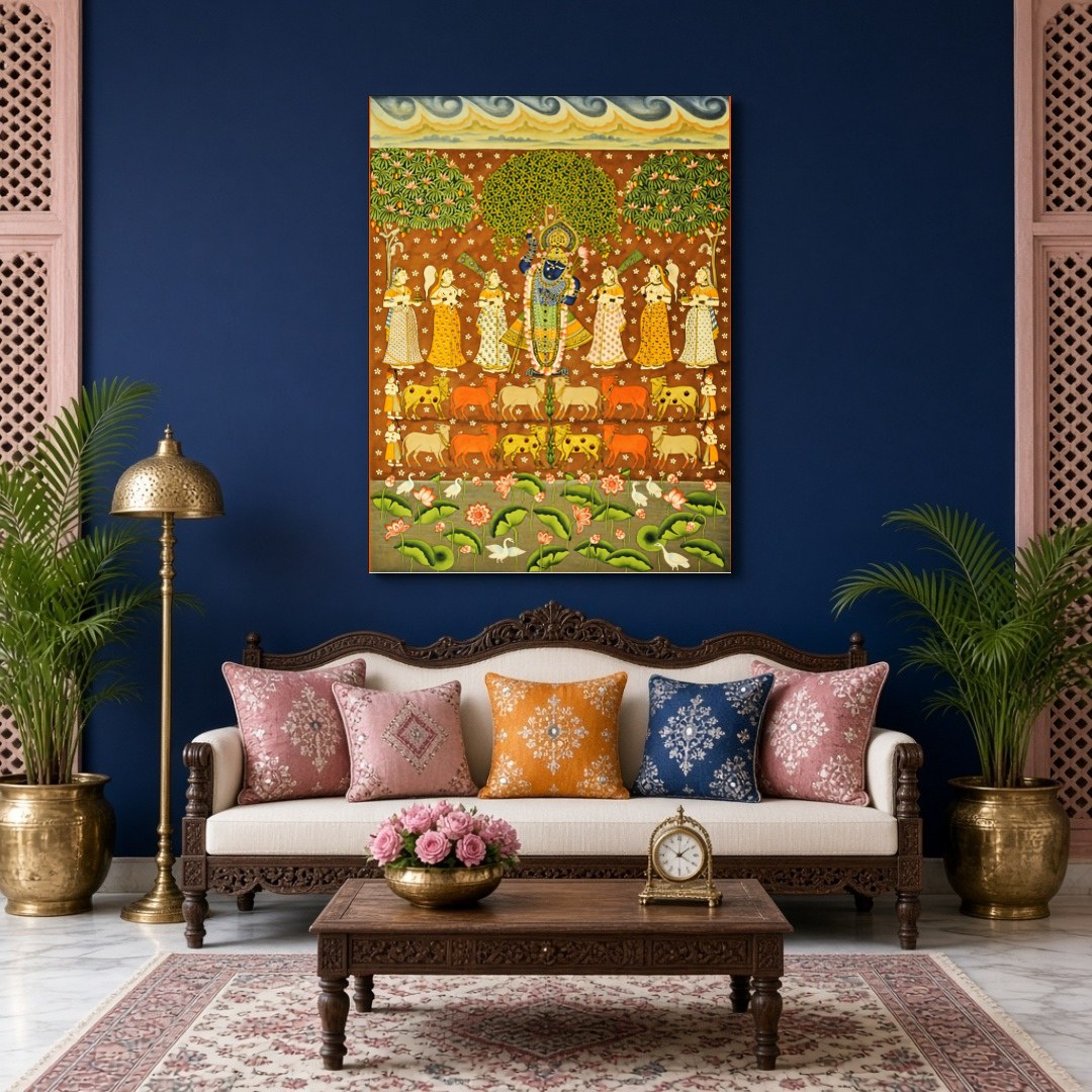 This vibrant Pichwai art piece beautifully captures Shrinathji amidst a celestial scene, surrounded for Living Room
