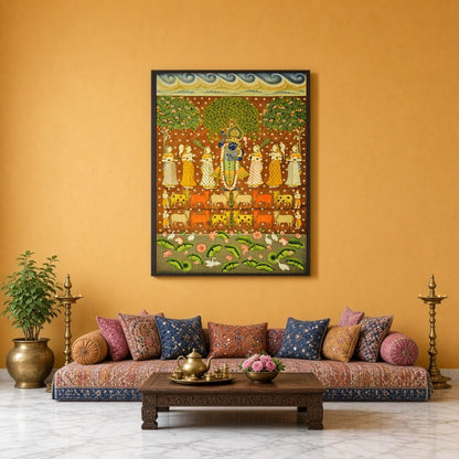 This vibrant Pichwai art piece beautifully captures Shrinathji amidst a celestial scene, surrounded for Sitting Lounge