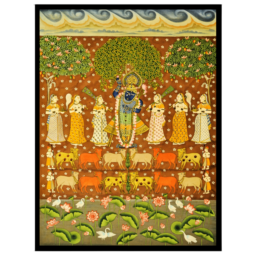 This vibrant Pichwai art piece beautifully captures Shrinathji amidst a celestial scene, surrounded for studio