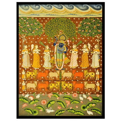 This vibrant Pichwai art piece beautifully captures Shrinathji amidst a celestial scene, surrounded for studio