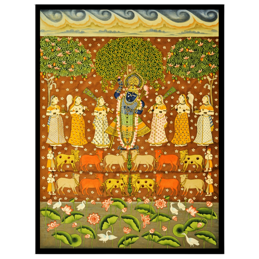 This vibrant Pichwai art piece beautifully captures Shrinathji amidst a celestial scene, surrounded for studio