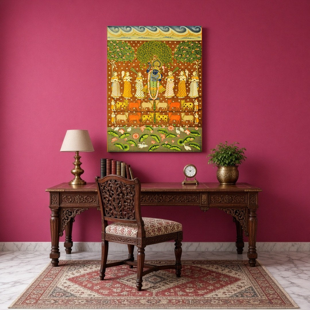 This vibrant Pichwai art piece beautifully captures Shrinathji amidst a celestial scene, surrounded for Study