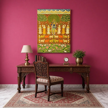 This vibrant Pichwai art piece beautifully captures Shrinathji amidst a celestial scene, surrounded for Study