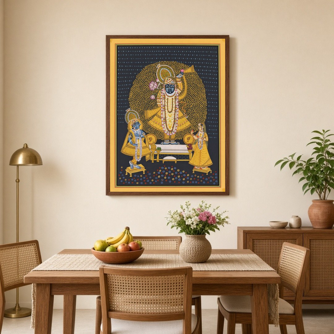 This captivating Pichwai artwork captures the divine presence of Shrinathji, adorned with an for Dining