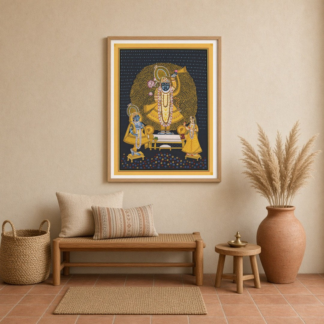 This captivating Pichwai artwork captures the divine presence of Shrinathji, adorned with an for Entrance