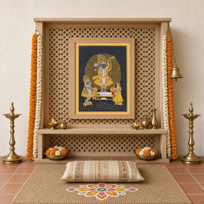 This captivating Pichwai artwork captures the divine presence of Shrinathji, adorned with an for Home Temple
