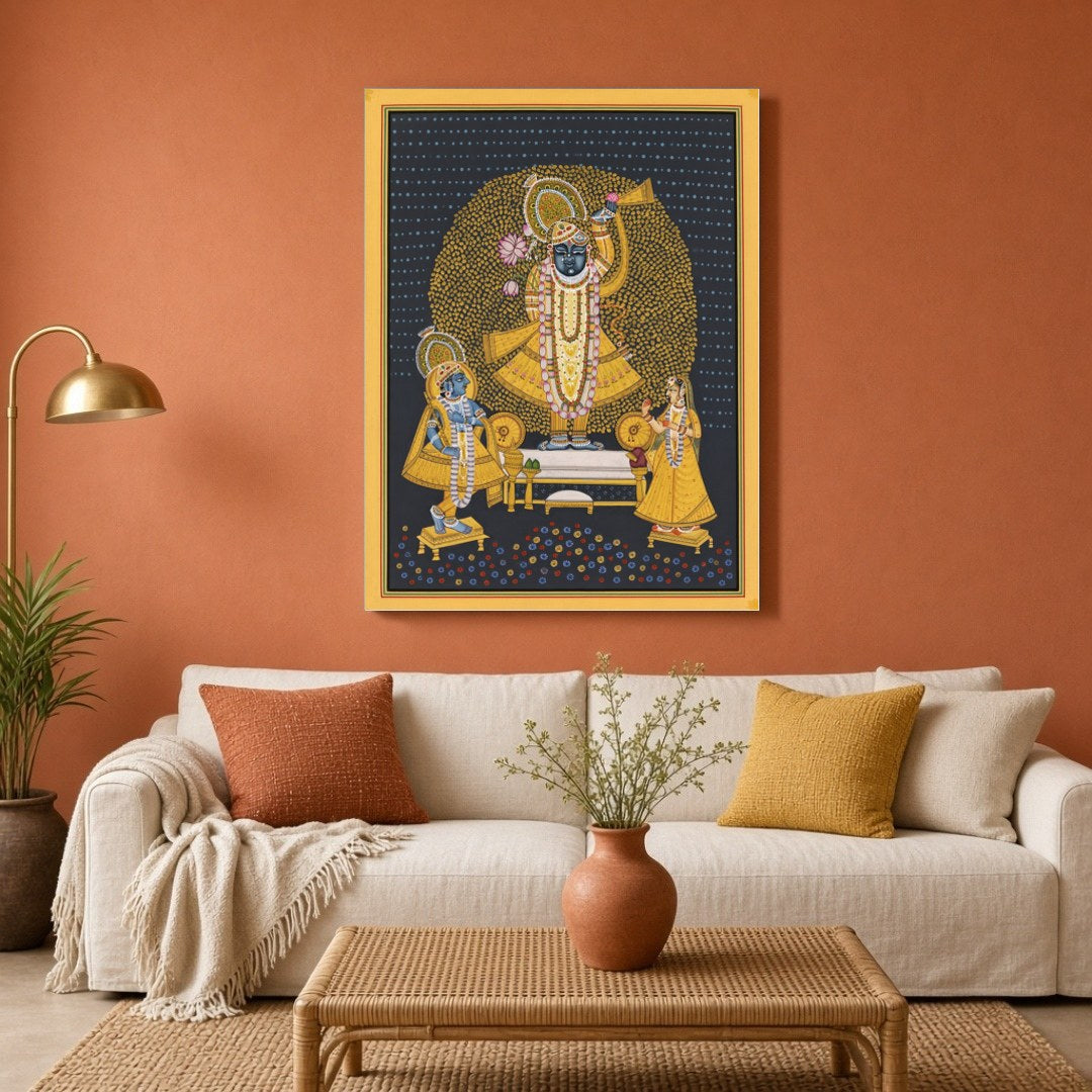 This captivating Pichwai artwork captures the divine presence of Shrinathji, adorned with an for Living Room