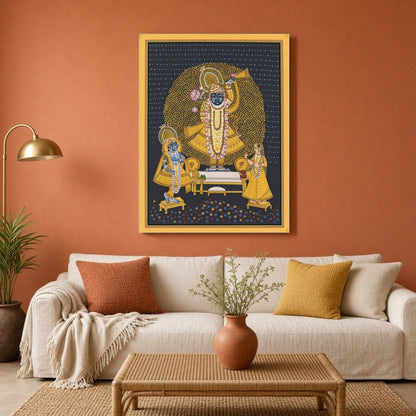 This captivating Pichwai artwork captures the divine presence of Shrinathji, adorned with an for Living Room