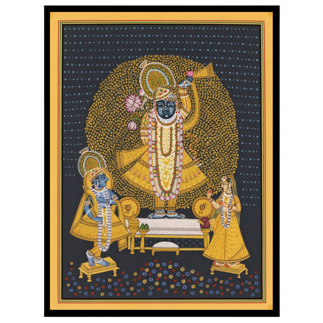This captivating Pichwai artwork captures the divine presence of Shrinathji, adorned with an for retreat