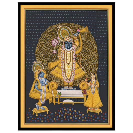 This captivating Pichwai artwork captures the divine presence of Shrinathji, adorned with an for retreat