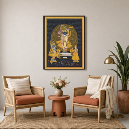 This captivating Pichwai artwork captures the divine presence of Shrinathji, adorned with an for Sitting Lounge