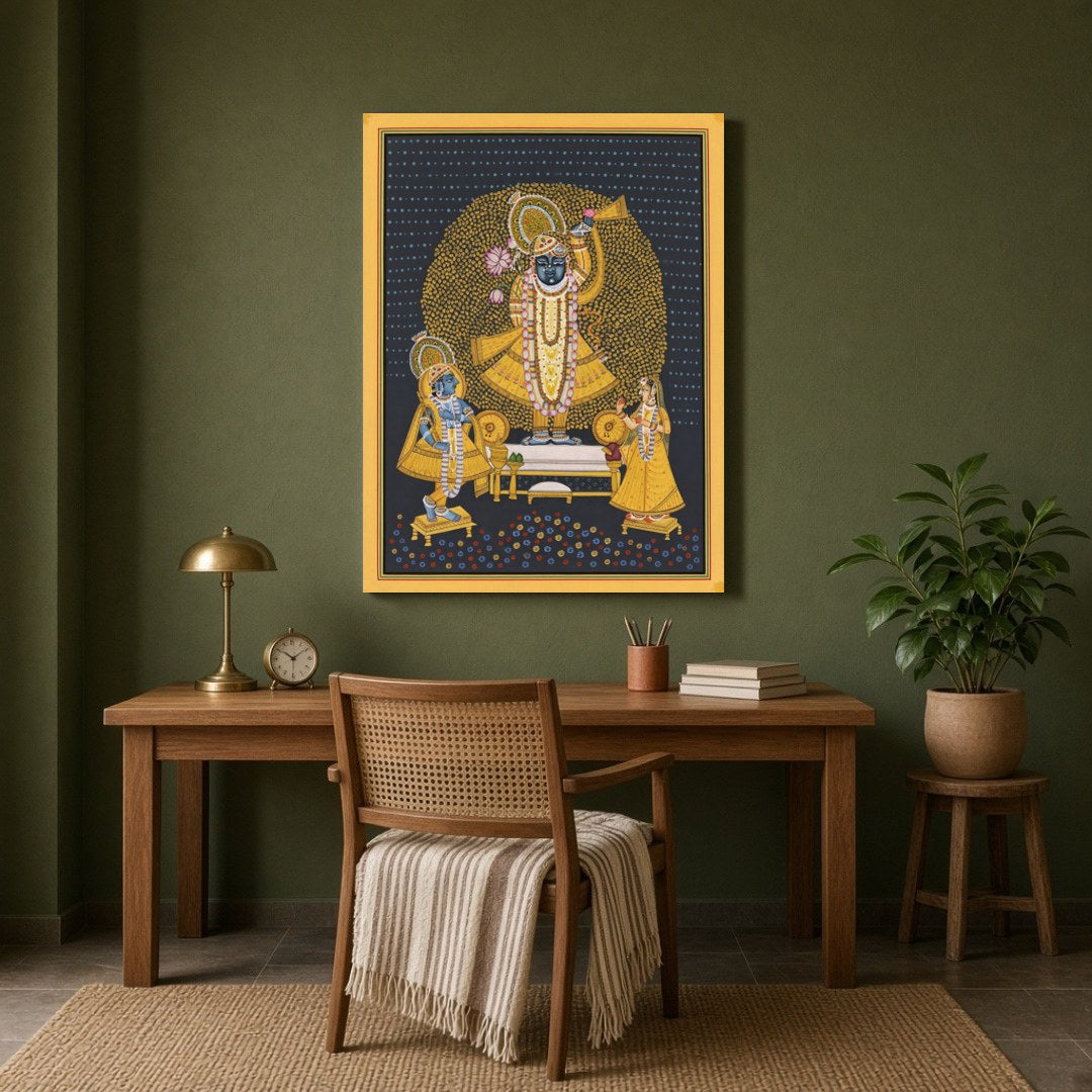 This captivating Pichwai artwork captures the divine presence of Shrinathji, adorned with an for Study