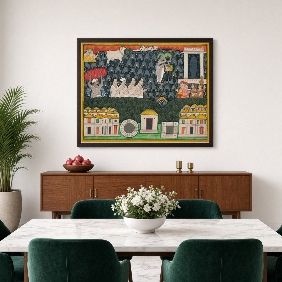 Immerse yourself in the divine narrative depicted in this exquisite Pichwai art, showcasing for Dining