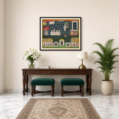 Immerse yourself in the divine narrative depicted in this exquisite Pichwai art, showcasing for Entrance
